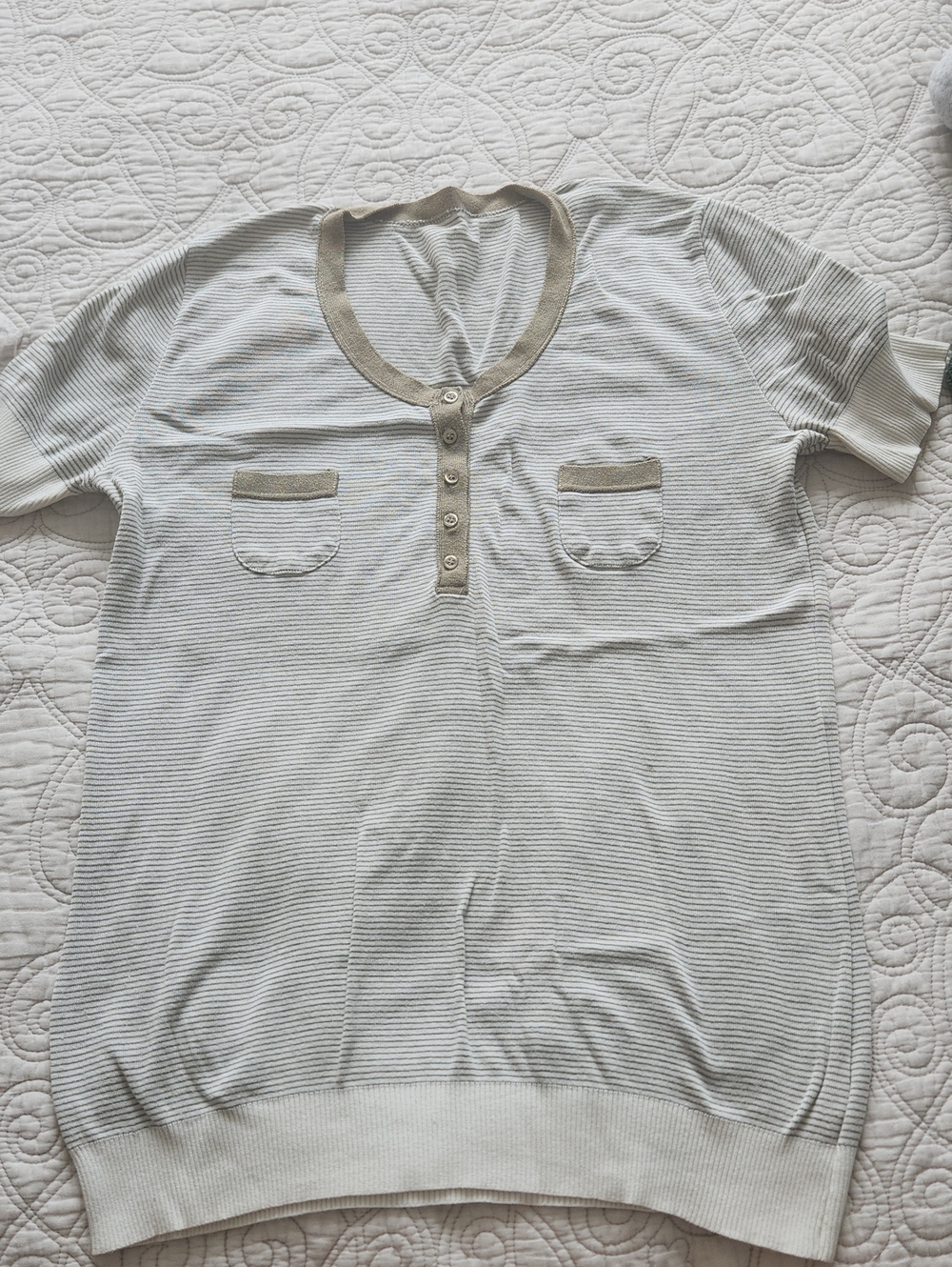 Short-Sleeve Henley Knit Shirt - Biege & Green L
